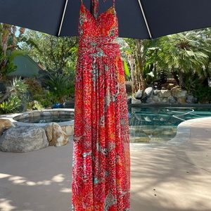 Long dress with pleated bodice and waist, scoop back w/ties, lined, size medium